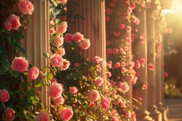 A bunch of pink roses growing on the side of a building, possibly as a decorative feature or for beautification purposes