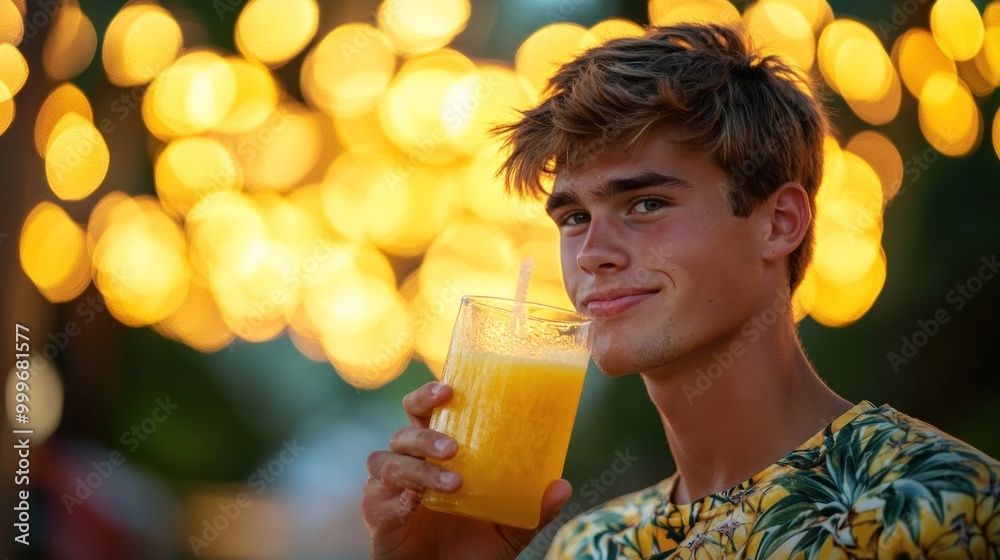 Poster A young man enjoys a refreshing drink against a backdrop of warm, glowing lights.