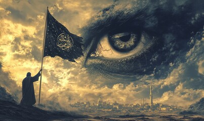 A man raises a flag with Arabic writing against a