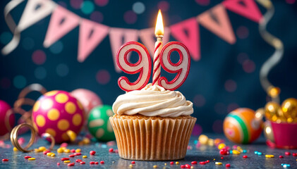 Birthday cupcake with burning lit candle with number 99. Number ninety-nine for ninety-nine years or ninety-ninth anniversary.