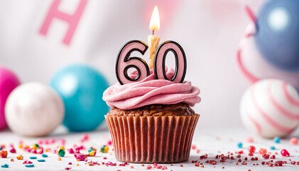 Birthday cupcake with burning lit candle with number 60. Number sixty for sixty years or sixtieth anniversary.