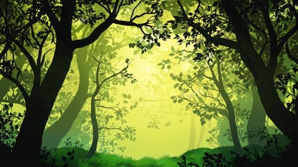 Fototapeta premium Mysterious green forest with sunlight filtering through the leaves at dawn