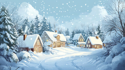 Fototapeta premium A quaint snow-covered village with houses lit up by warm, inviting lights, amidst a snowy, wintery scene.
