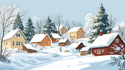 Fototapeta premium Cozy winter village scene with snow-covered houses and trees.