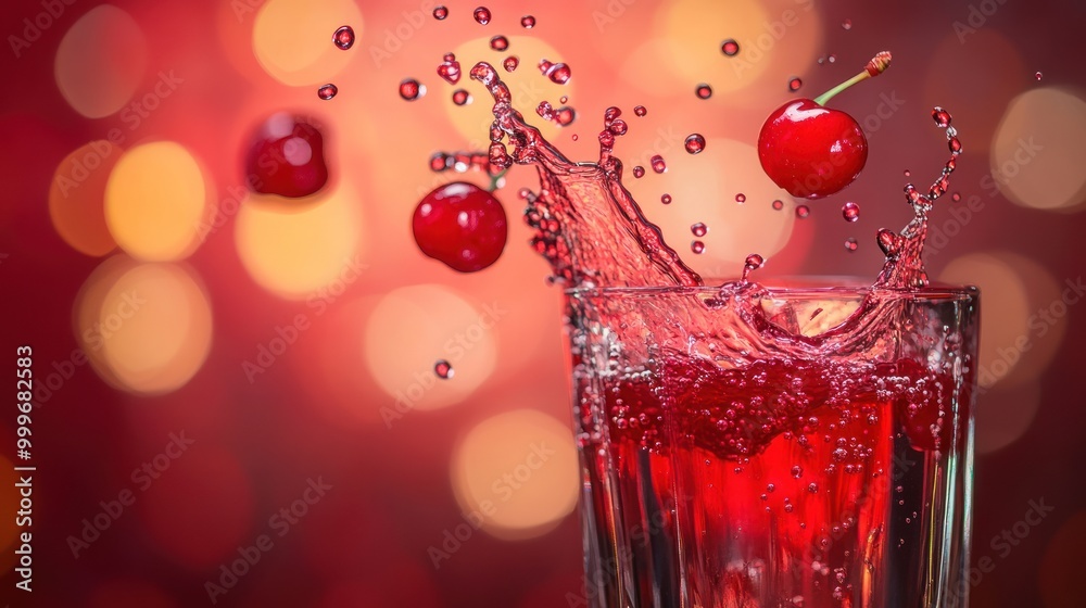 Sticker A vibrant splash of red drink with cherries, highlighting refreshing beverage enjoyment.