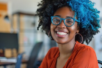A woman with bright blue hair and glasses smiling at the camera