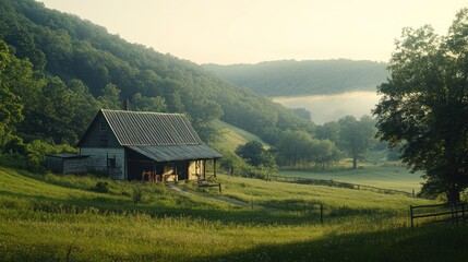 Obraz premium A serene rural landscape featuring a rustic house amidst rolling hills and morning mist.