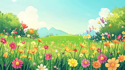 Colorful flowers bloom in a lush green field.
