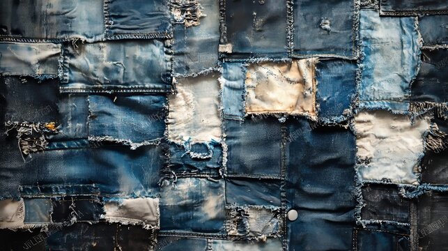 Vintage Denim Fabric Patchwork Background Texture with Frayed Edges