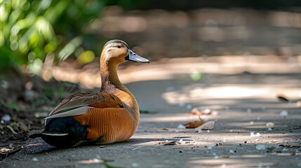 Fototapeta premium Whistling duck with a black belly resting on the sidewalk