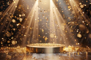 A golden pedestal surrounded by colorful confetti, ideal for celebrations and parties