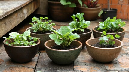 Potted Herbs and Vegetables Growing in Ceramic Bowls on Rustic Patio