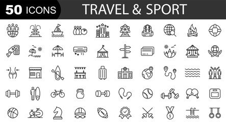 Sport and fitness icon set. Vacation line icons. Collection of travel and vacation icons. Vector illustration
