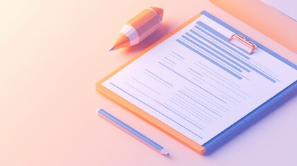 A clipboard with a document, pencil, and colorful pencil, suggesting organization and creativity.