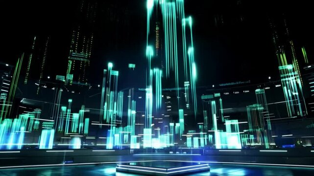 A futuristic trading graph data as a holographic interface with scientific data overlays. Glowing blue and green lines, charts, and numerical data rise dynamically in a dark high-tech