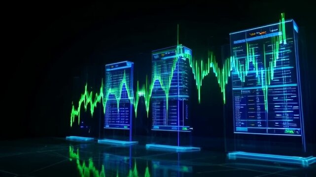 A series of green and blue computer screens with a line trading graph on them. The screens are arranged in a row and are all the same size