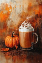 fall beverage illustration, a canvas evoking autumn with a pumpkin spice latte design blending rich pumpkin hues with nutmeg and clove hints