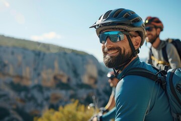 A person climbing a mountain wearing protective gear, ideal for outdoor adventure or extreme sports use