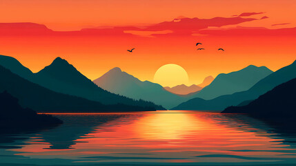 Naklejka premium A beautiful sunset over a mountain lake. The sun is setting behind the mountains, casting a warm glow over the water.