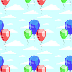 Multicolored balloons fly between white clouds in the blue sky. Seamless pattern