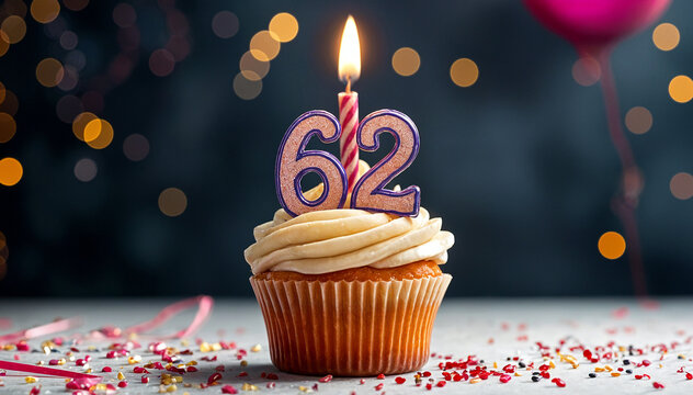 Birthday cupcake with burning lit candle with number 62. Number sixty-two for sixty-two years or sixty-second anniversary.