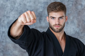 Portrait of a serious male martial artist in a black karate uniform, posing with a forward fist strike in training