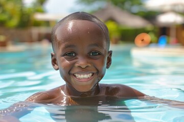 A happy young boy enjoying the sunshine and water in a swimming pool