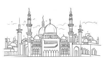 Fototapeta premium Painting. Drawing of the Kaaba prayer in Mecca, back view. Holy place with prayer.