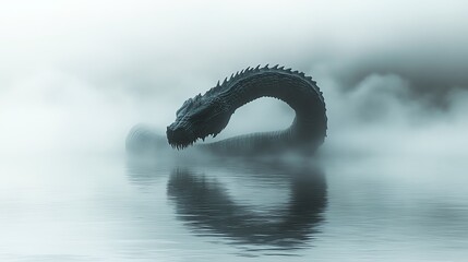Naklejka premium Mysterious dragon in foggy waters, creating an eerie and mystical atmosphere. Perfect for fantasy-themed projects and artistic visuals.