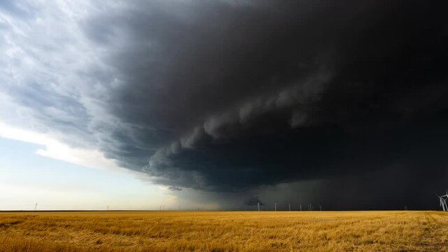 Storm clouds rolling across the sky over warm colored fields and wind farm