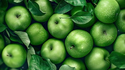 Close up of fresh apple fruit background with leaves, top view. Photorealistic high resolution macro photography for advertising or food design