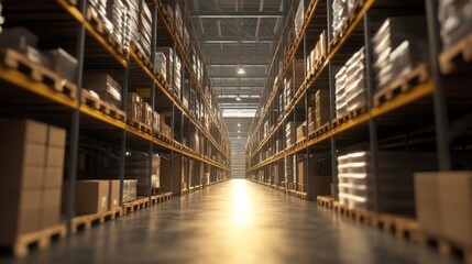 Fototapeta premium A spacious warehouse aisle lined with stacked boxes on shelves, illuminated by overhead lights.