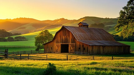 A rustic wooden barn stands in a field at sunset, with rolling hills and green grass in the background.