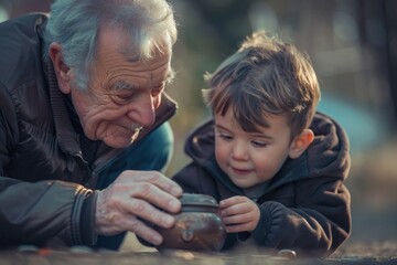 A scene of intergenerational connection, showing an older man and a young boy examining a cell phone together
