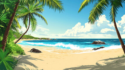 Tropical beach scene with palm trees, blue ocean, and white sand.