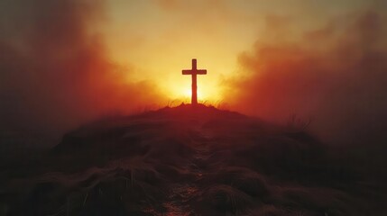 Fototapeta premium dramatic silhouette of a solitary cross atop a hill backlit by a fiery sunset sky stark contrast emphasizes spiritual symbolism atmospheric haze adds depth and mystery