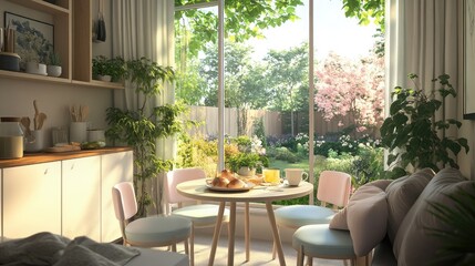 A cozy breakfast nook featuring a small round table