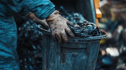Obraz premium Close up of gloved hand putting garbage into a bin.