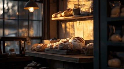 A cozy bakery display featuring various freshly baked breads illuminated by warm light.