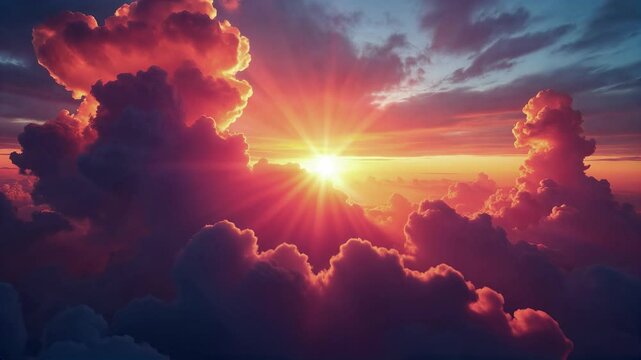 Aerial shot flying above beautiful colorful sunset clouds with sun beams shining through haze