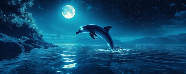 Fototapeta premium A stunning image of a dolphin leaping out of the water under a full moon, with a serene night sky in the background.