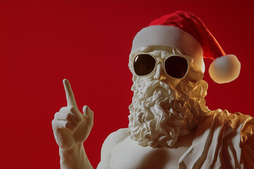 Greek God statue wearing sunglasses with santaclaus hat with raised index finger wearing on red background. Christmas sale. Christmas shopping. Pointing gesture.