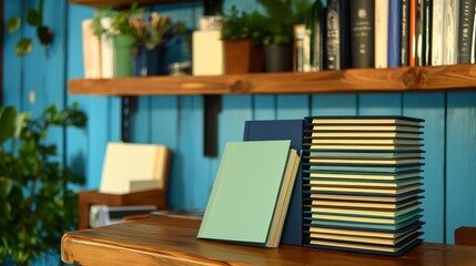 Fototapeta premium Stylish Home Library with Stacked Books and Wooden Shelves in a Bright Blue Room