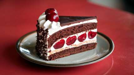 A delectable slice of Black Forest cake topped with fresh fruit and whipped cream, served on a plate in a cozy caf&eacute; setting with soft background lighting. 