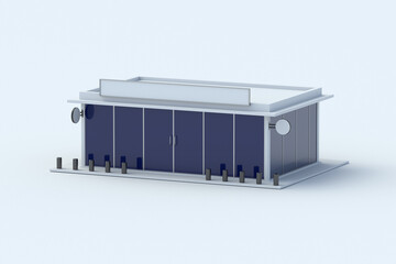 Store building on gray background. Modern minimarket. Shop exterior. Business and commerce. 3d render