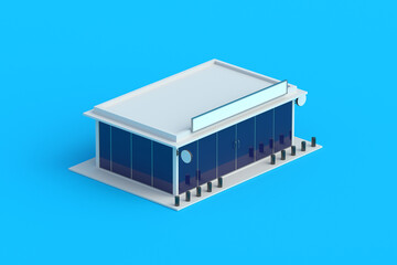 Shop building on gray background. Modern minimarket. Store exterior. Business and commerce. 3d render