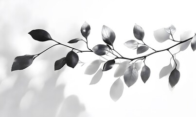 Branches with monotone leaves cast shadows on white background, Generative AI