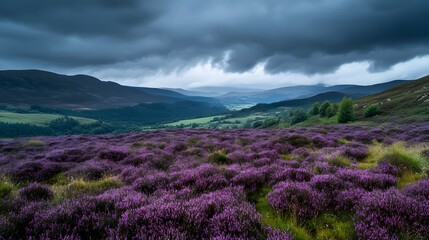 Fototapeta premium Purple Heather Field Under Stormy Skies