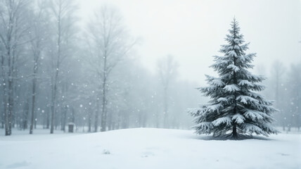 Obraz premium Snow-covered evergreen tree stands solitary in winter wilderness