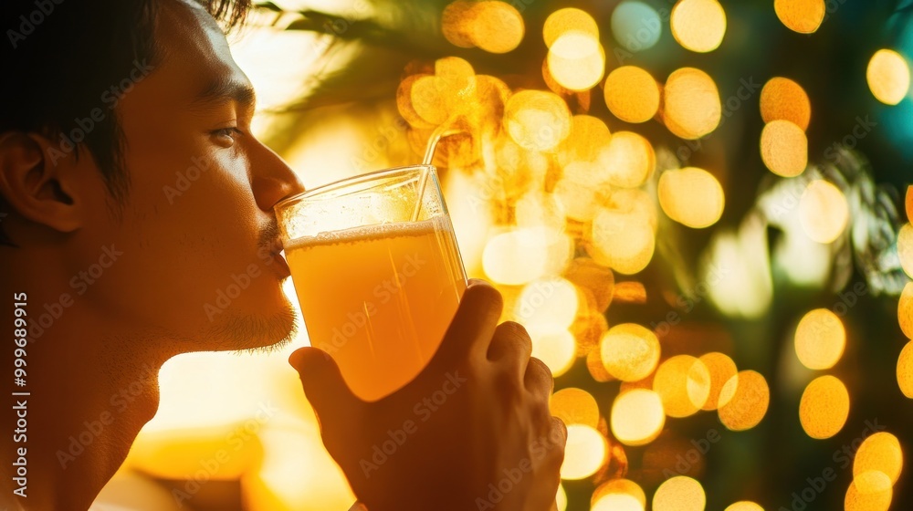 Wall mural A man enjoys a refreshing drink against a backdrop of warm, glowing lights.